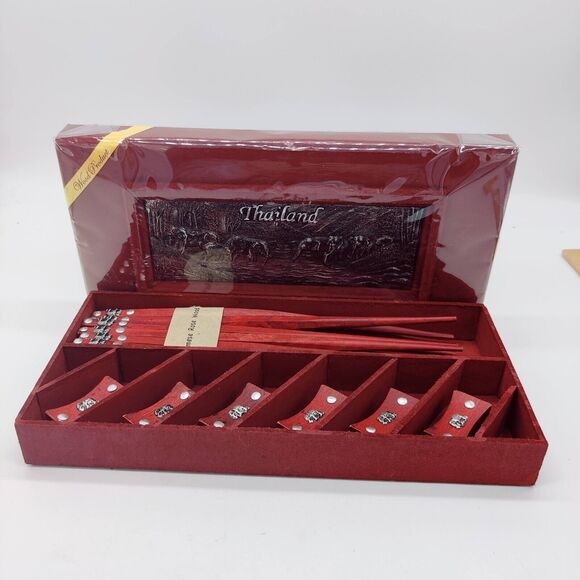 Hand Crafted Thailand Rose Wood Boxed Elephant Chopsticks Set Service For 6 - Picture 10 of 13